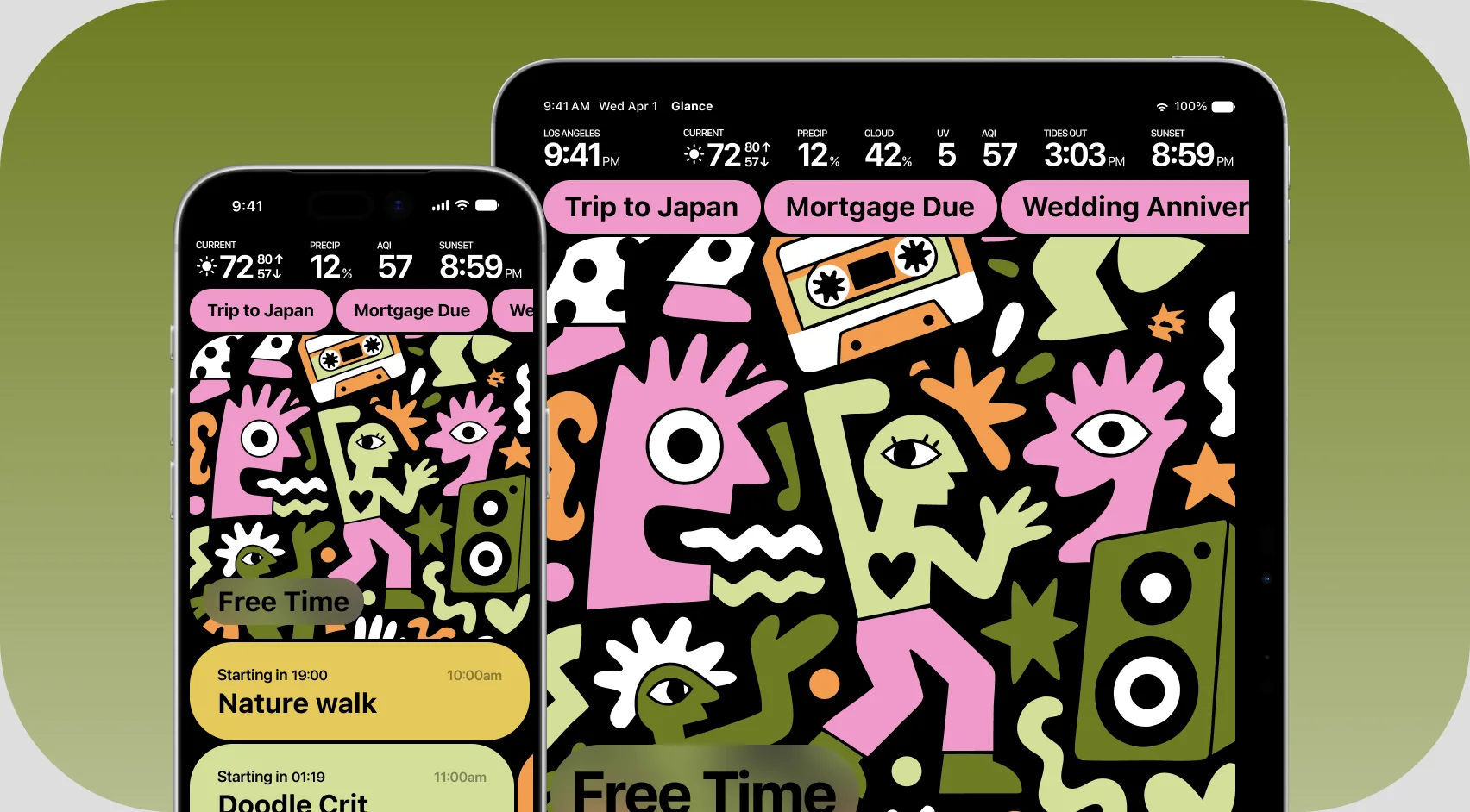 Glance running on iPhone and iPad, showing an ambient day view.